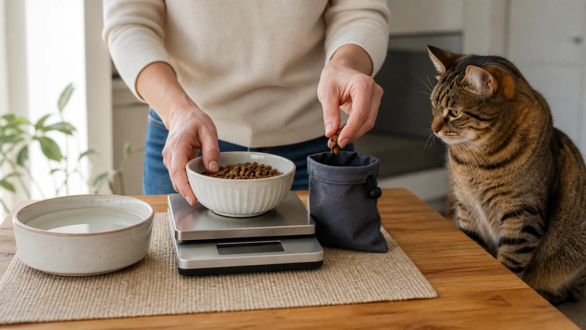 Caregiver moving a small portion from the cat's measured complete-food ration into a training pouch