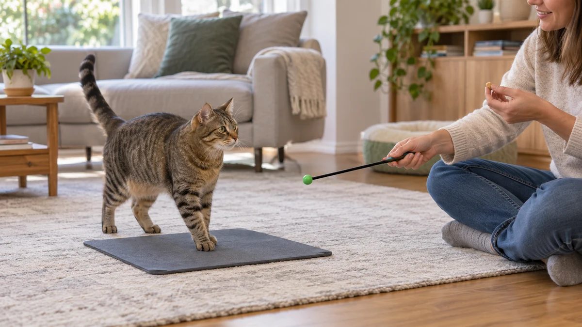 Brown tabby voluntarily steps onto a flat training mat while following a target in an uncluttered room