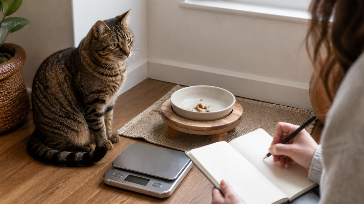 Caregiver recording a small meal leftover beside a kitchen scale while a brown tabby waits nearby