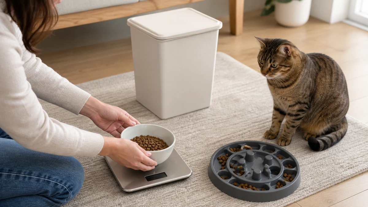 Caregiver weighing a full daily dry-food ration beside a puzzle feeder while a brown tabby observes