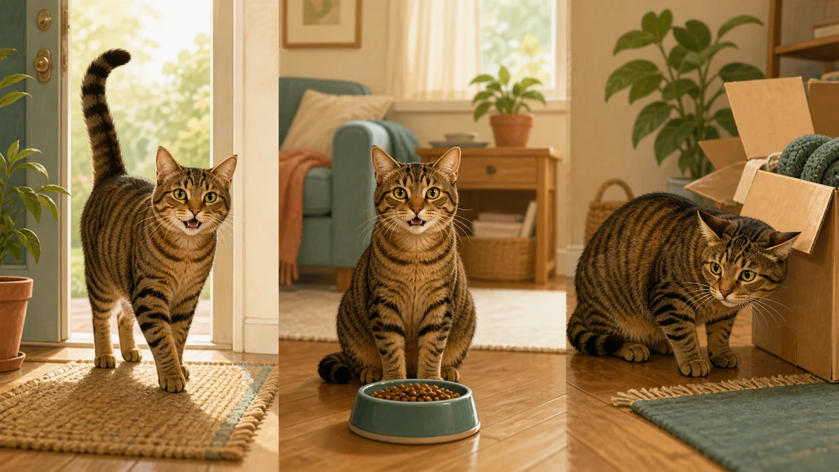 The same tabby cat greeting at a doorway, waiting beside a food bowl, and crouching near moving boxes to show how context changes interpretation