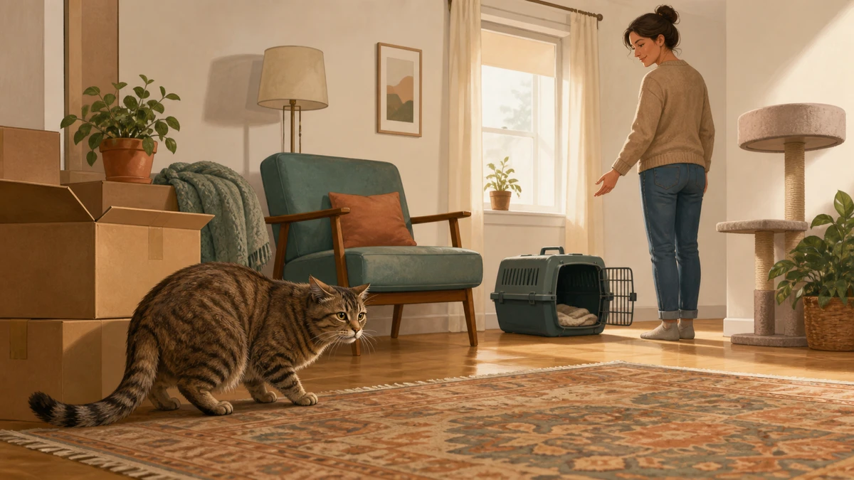 Tabby cat moving cautiously near boxes and new furniture while a caregiver leaves open routes to a carrier hide and elevated perch