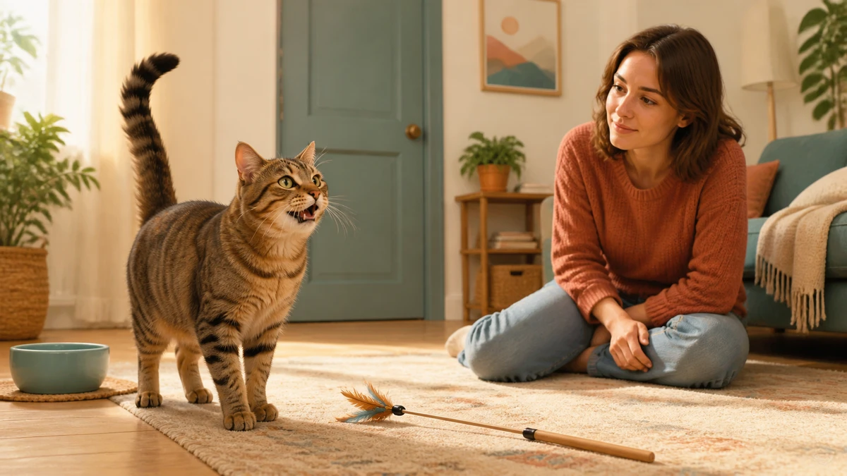 Brown tabby cat meowing with an upright tail while a caregiver watches its posture in a calm living room