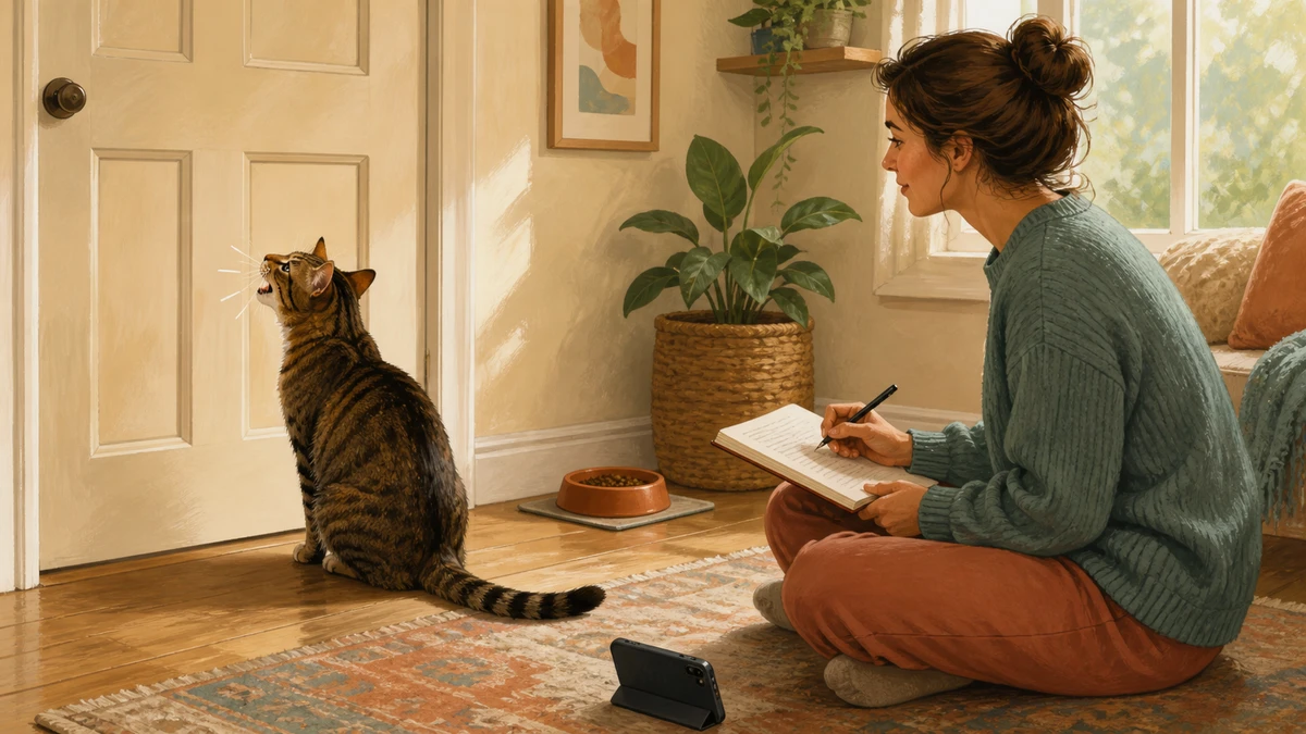 Caregiver noting the time and setting while a tabby cat meows beside a closed door, with a phone ready to capture a short video