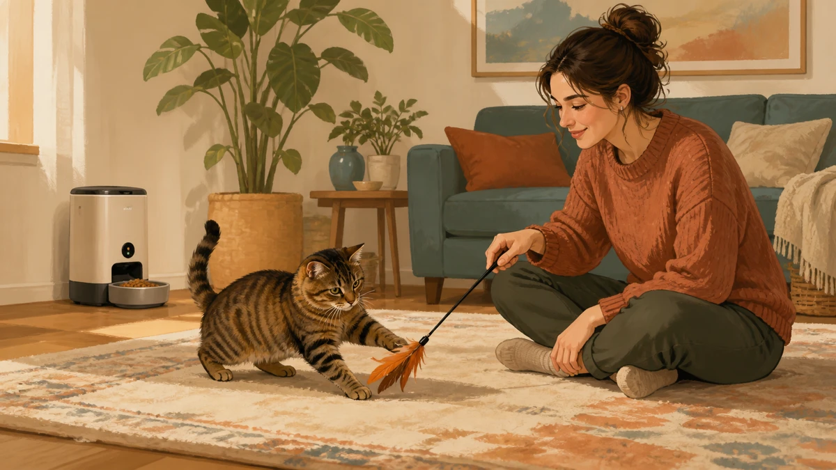 Relaxed tabby cat playing with a feather wand while a timed feeder provides a separate predictable food routine