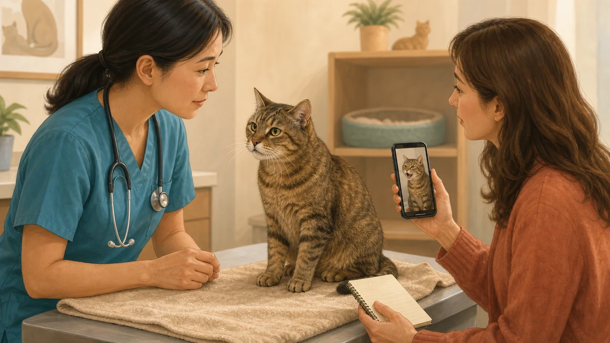 Senior tabby cat on a soft towel during a calm veterinary visit while the caregiver shares a phone video and observation notes