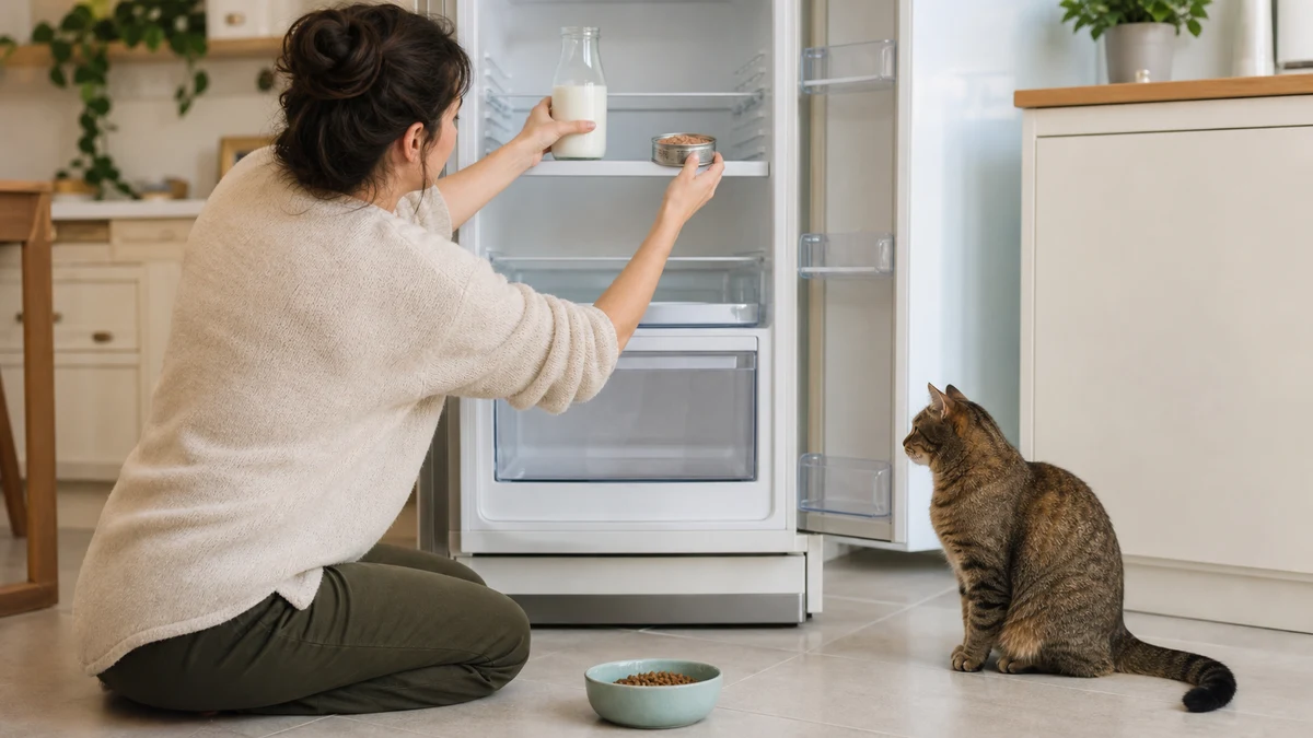 Caregiver storing cow’s milk and human canned tuna in a refrigerator while a tabby waits beside its complete cat food