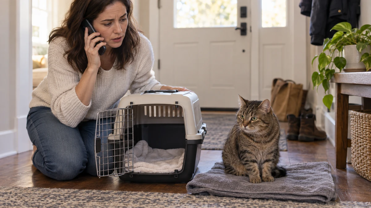 Caregiver opening a cat carrier and calling an emergency veterinary clinic while an alert tabby waits nearby