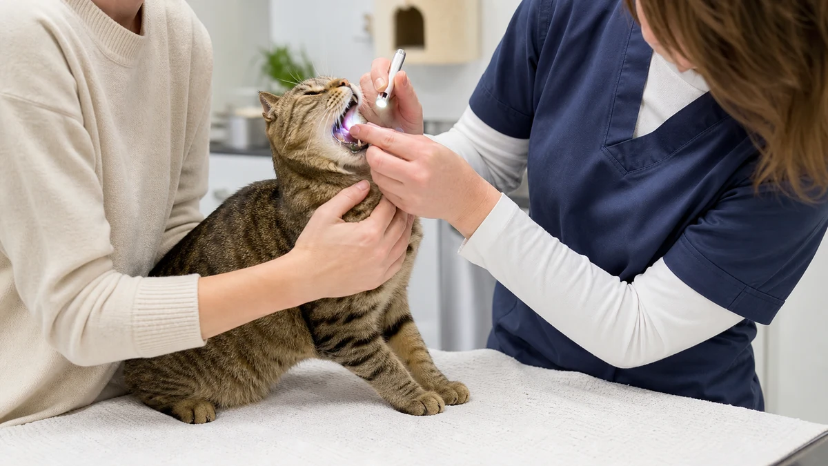 Veterinarian gently examining a tabby cat's mouth while a caregiver provides calm support