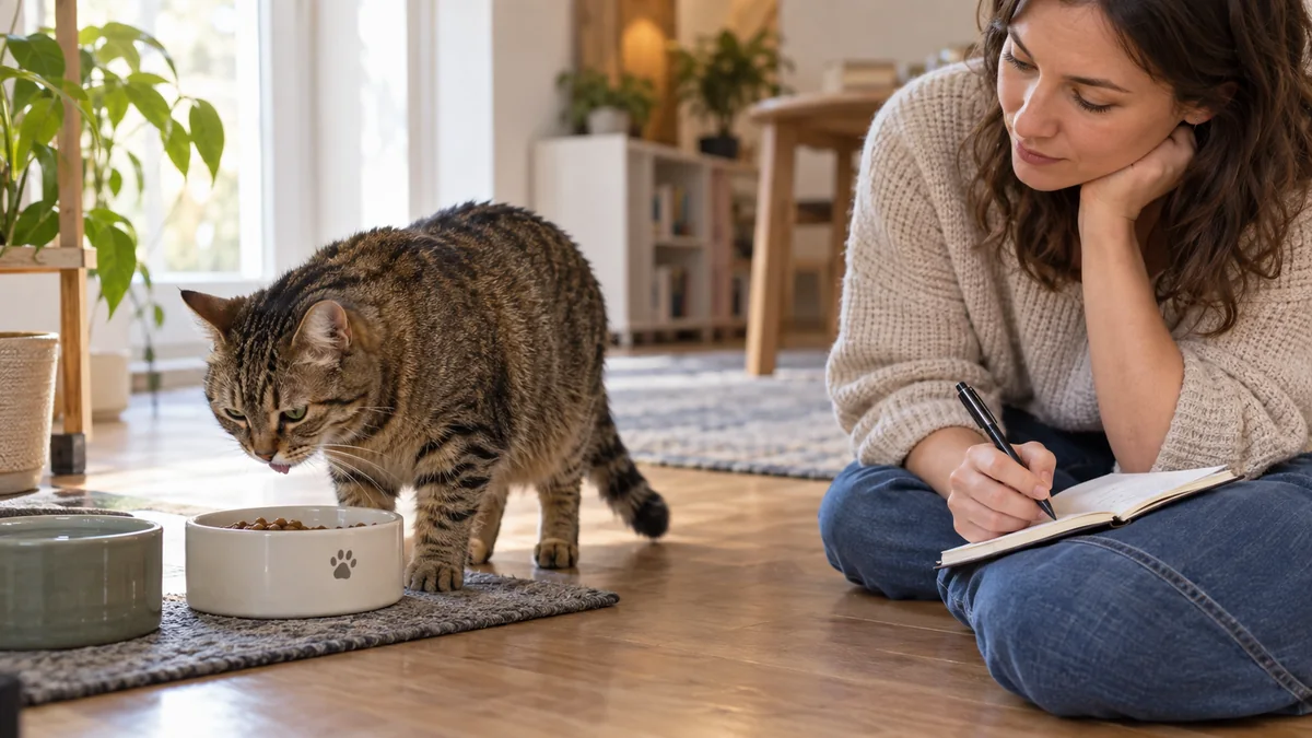Caregiver observes a brown tabby beside a food bowl and records new drooling and eating changes without opening the cat’s mouth