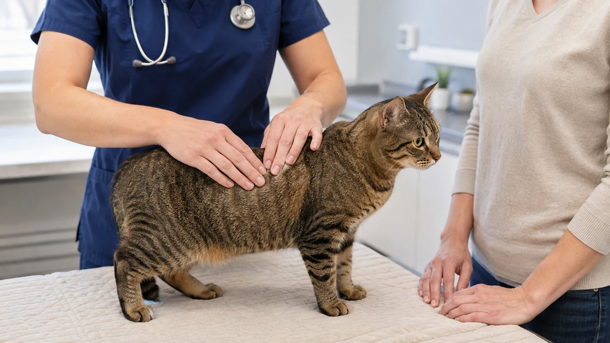 Veterinarian gently assessing muscle over a tabby's shoulder blades and spine while the caregiver watches