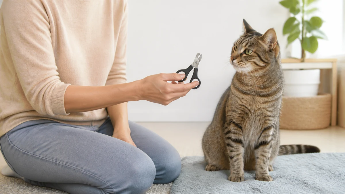 Relaxed brown tabby beside a caregiver who is calmly presenting a small cat nail clipper at a comfortable distance