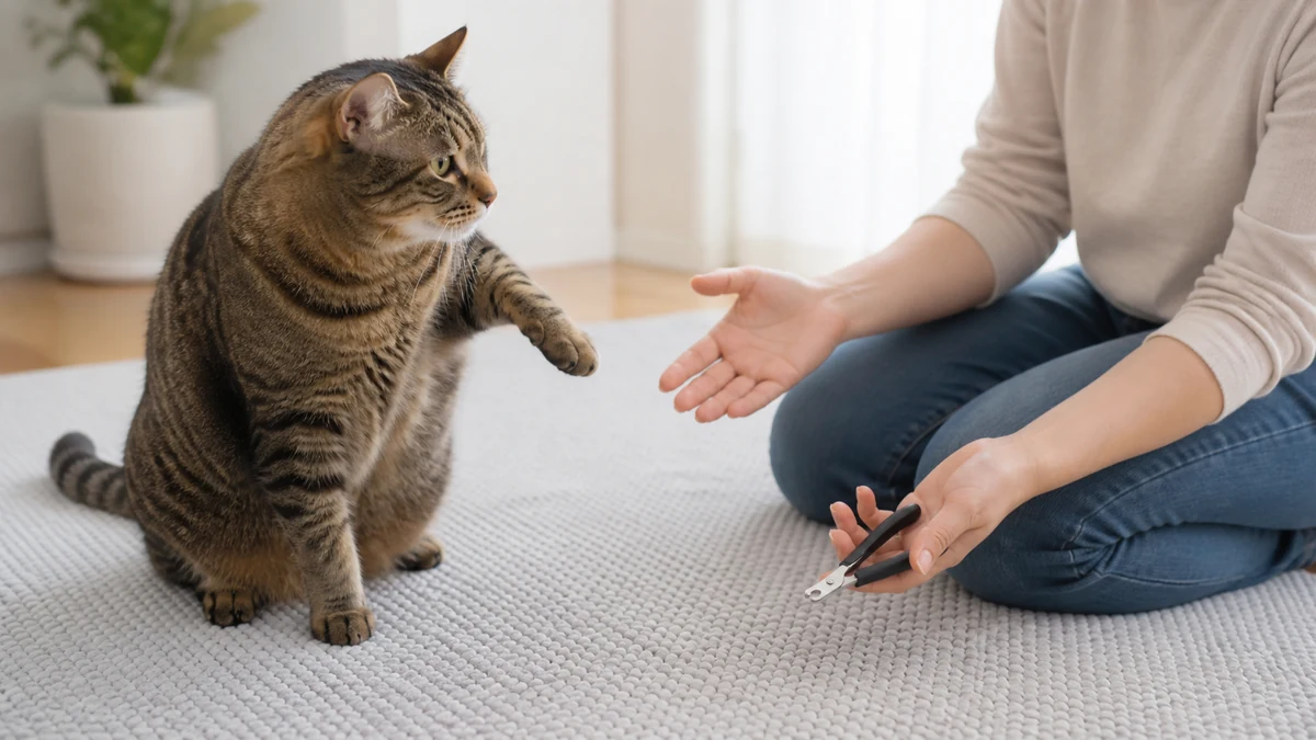 Tabby gently pulling a paw back as the caregiver pauses immediately with open hands and the clipper lowered