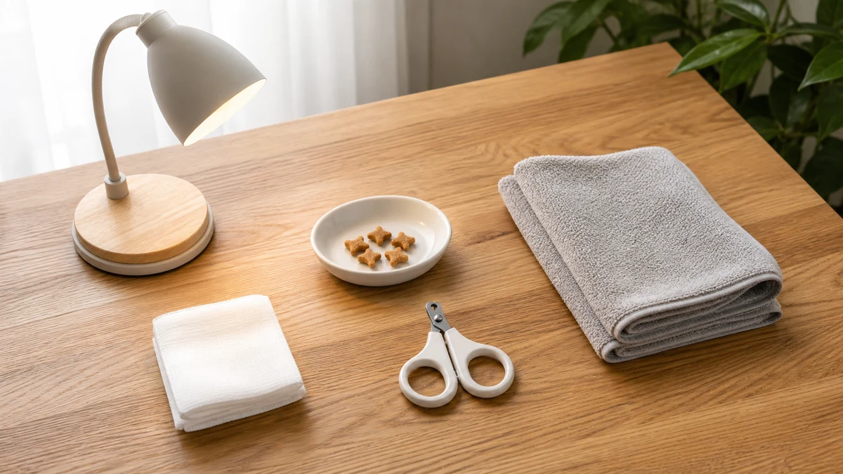 Small cat nail clipper, clean gauze, treats, towel, and lamp arranged on a clear table before a calm grooming session
