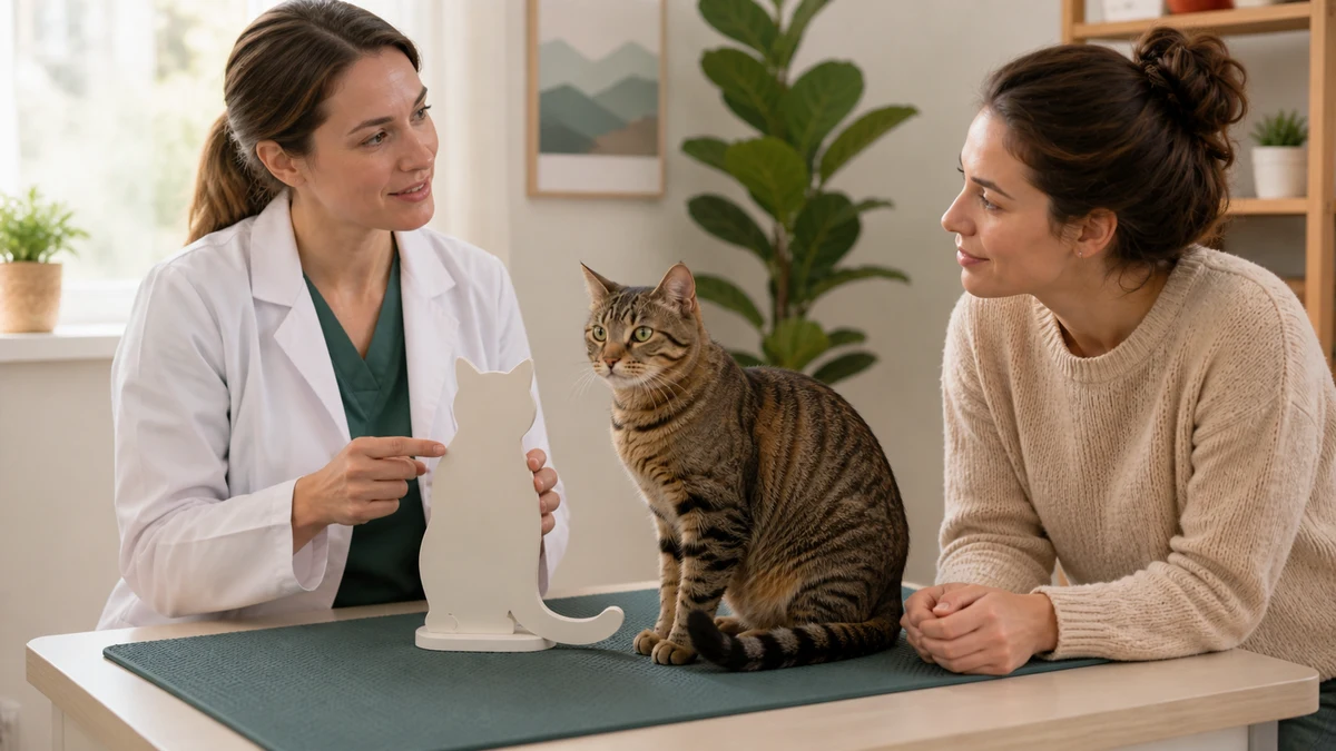 Tabby cat sitting calmly between a veterinarian and caregiver during a discussion about neutering and behavior