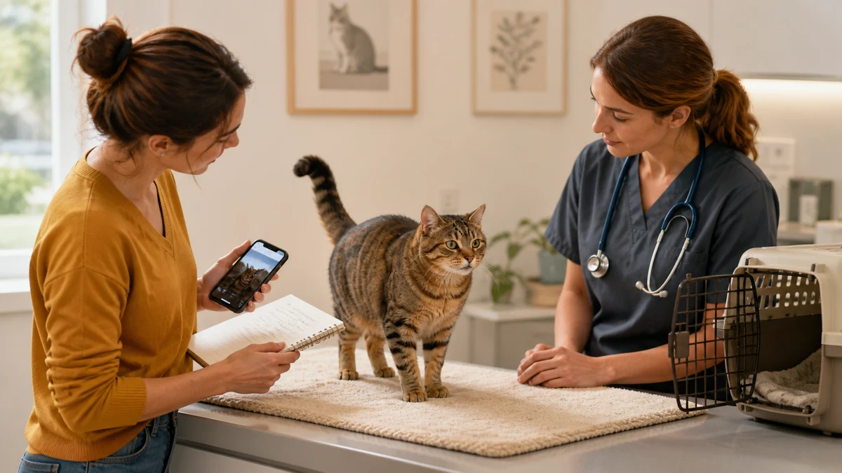 Senior brown tabby cat standing calmly on a nonslip towel while a veterinarian reviews a caregiver’s video and notes