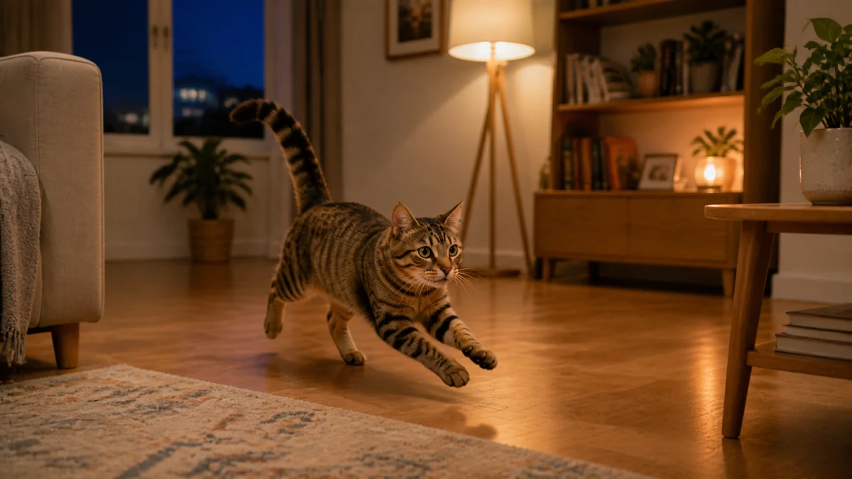 Brown tabby cat sprinting playfully across a clear living-room floor during a burst of nighttime energy