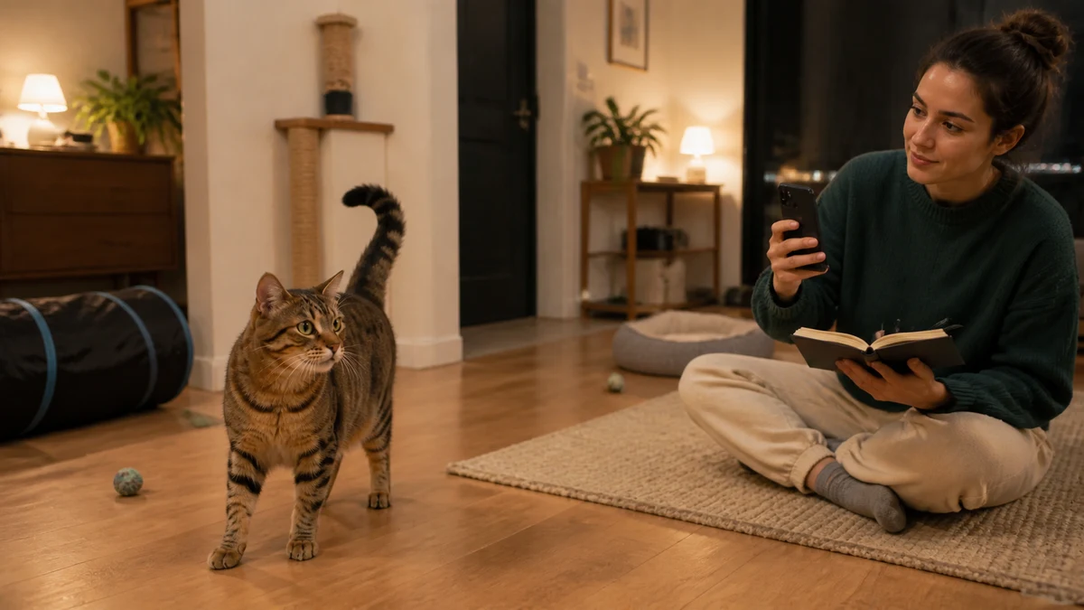 Caregiver calmly recording the time and context while a brown tabby cat pauses after an evening run