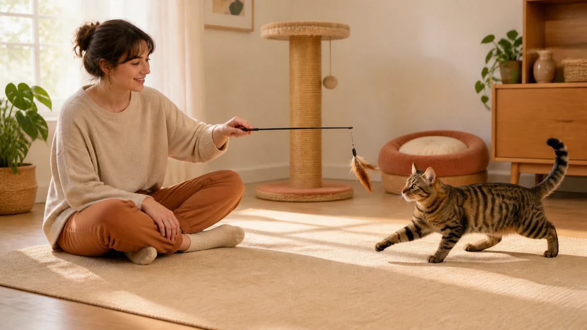 Caregiver and cat sharing a calm wand-toy game as an alternative to continuous petting