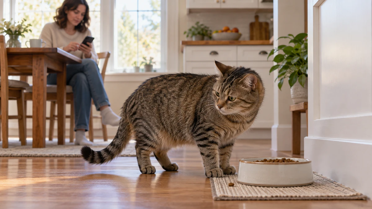 Brown tabby cat turning away from a food bowl while a caregiver records the eating change from a distance