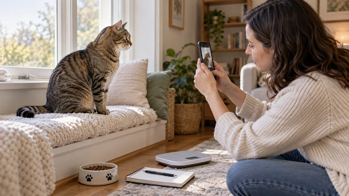 Caregiver photographing a brown tabby cat's side profile from a respectful distance with a notebook, food bowl, and scale nearby