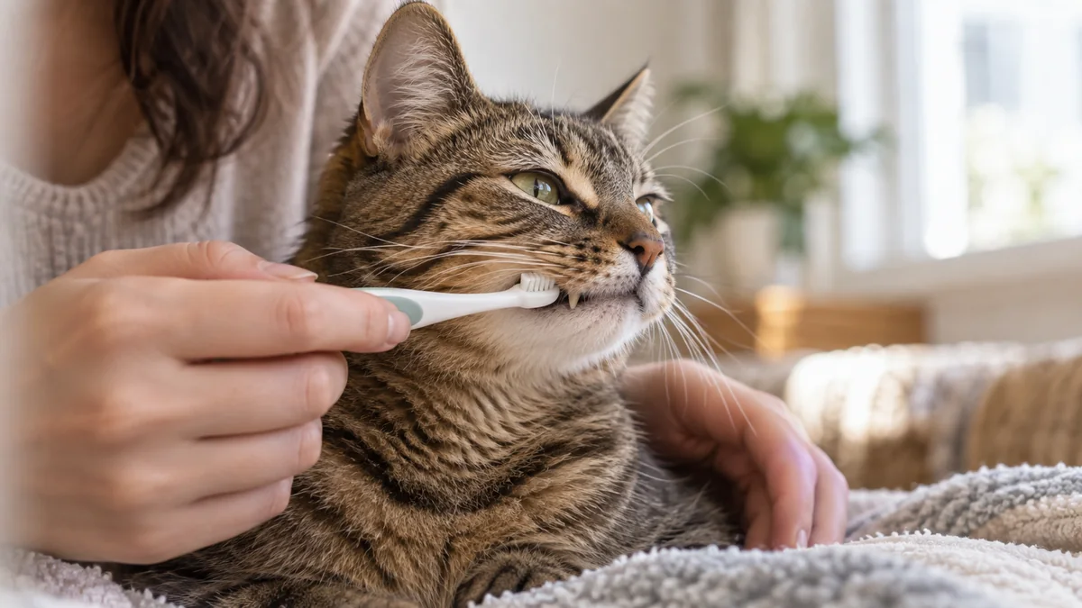 Soft cat toothbrush makes one gentle stroke on the cheek-facing surface of a relaxed tabby’s canine while the jaw stays closed