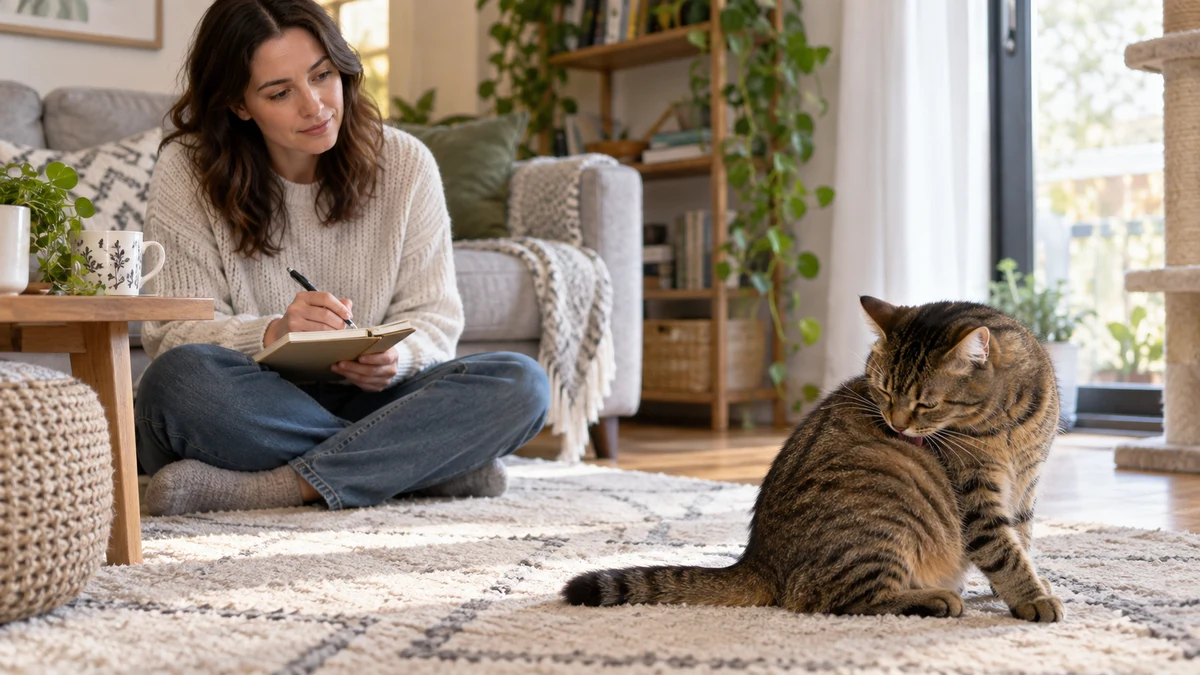 Caregiver records observations while a brown tabby repeatedly grooms one flank in a calm living room