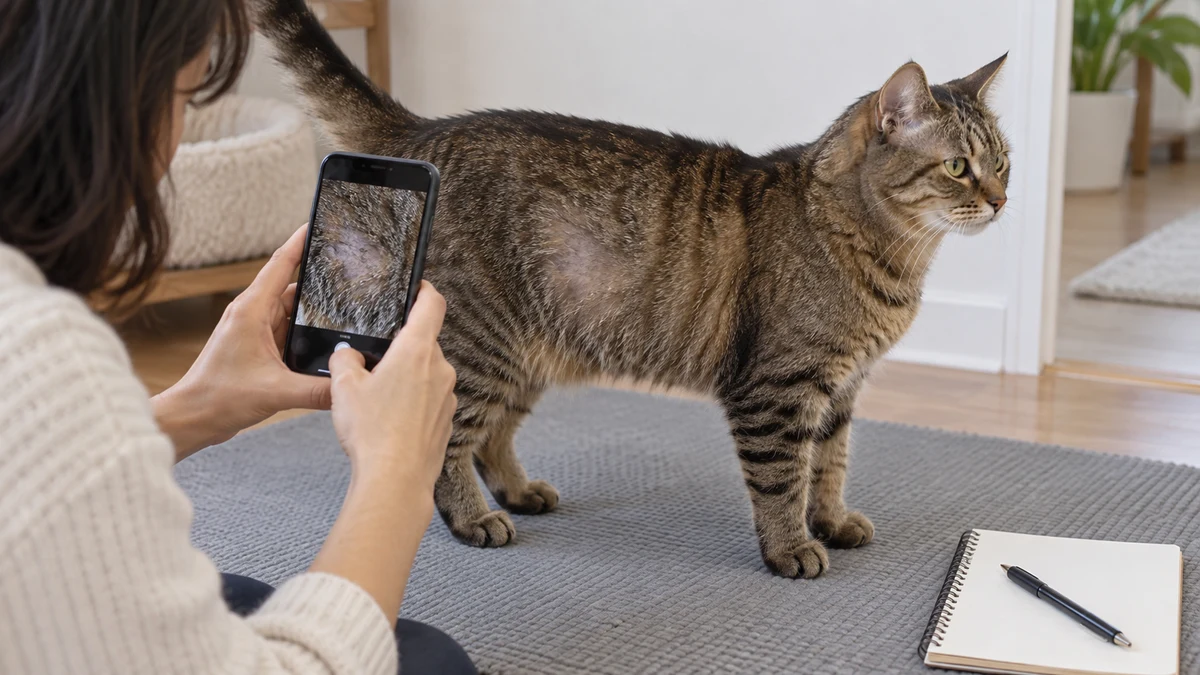 Caregiver photographs a subtle thinned patch on a brown tabby while keeping a notebook nearby