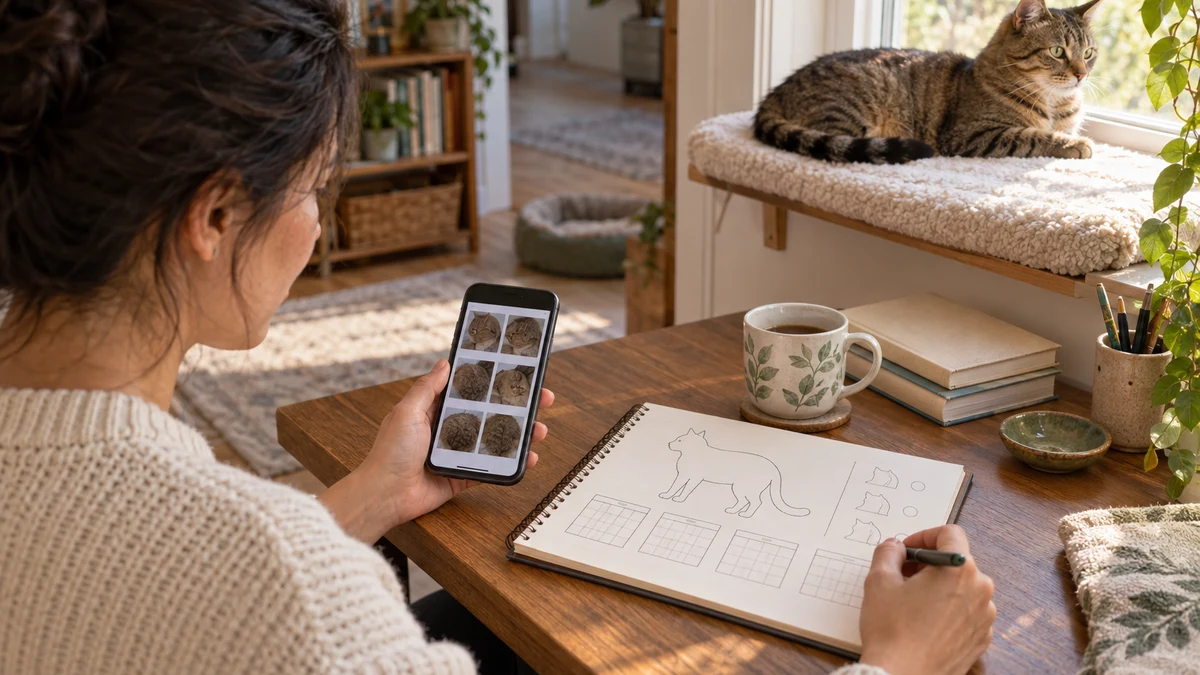 Caregiver compares photo thumbnails and marks a simple body outline while a brown tabby rests on a nearby window perch