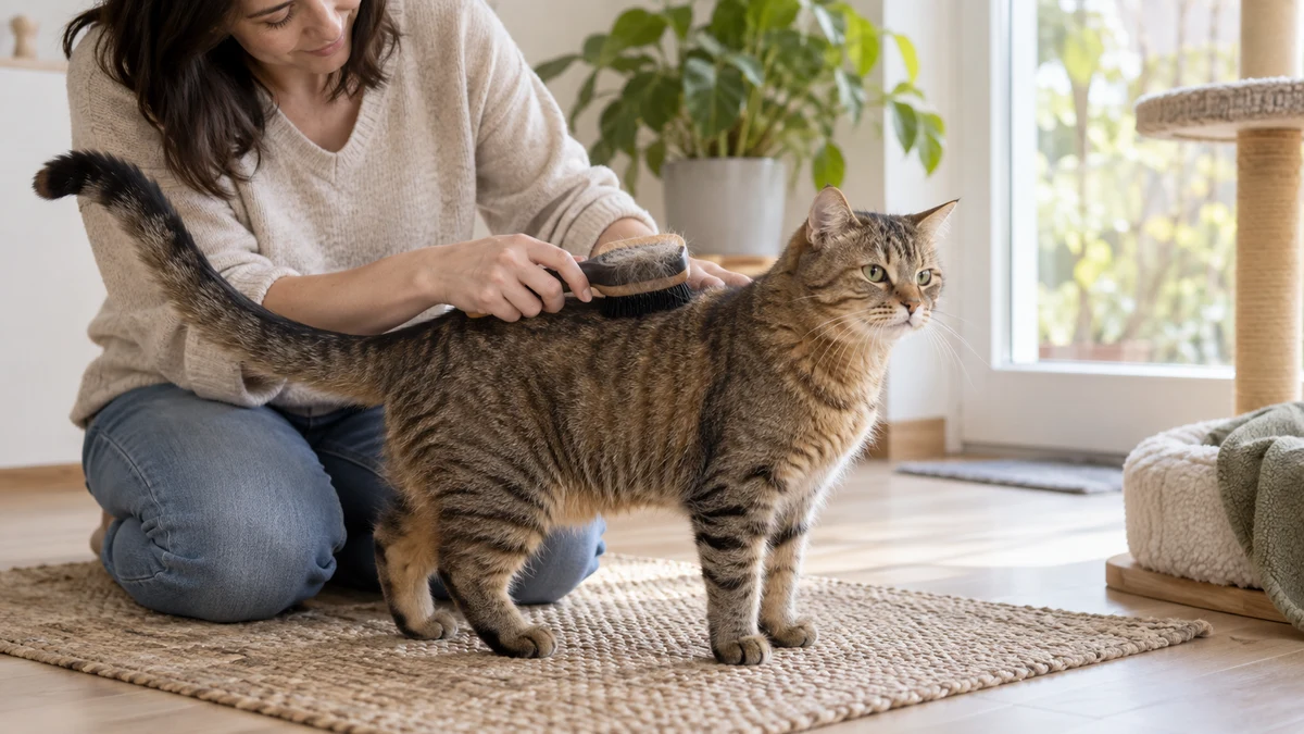 Caregiver gently brushes loose undercoat from a brown tabby whose coat remains full and even