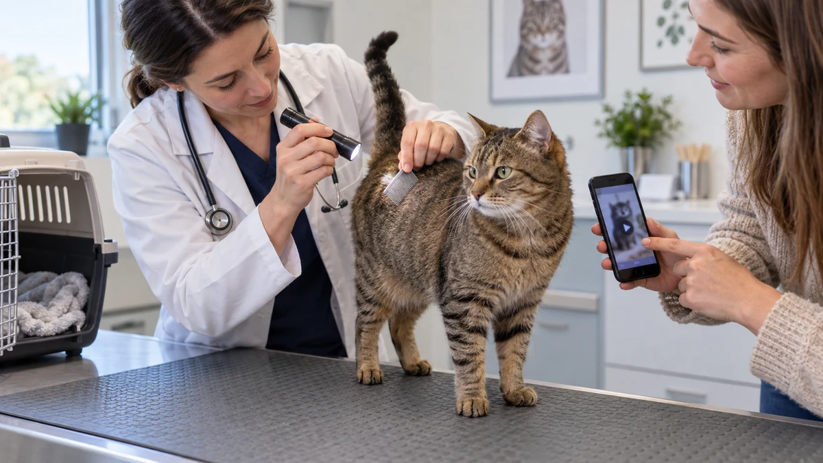 Veterinarian examines a brown tabby’s coat with a light and flea comb while the caregiver shares a phone video