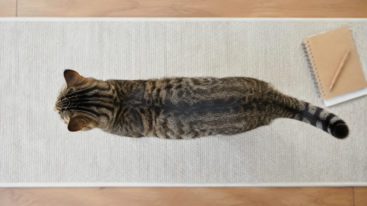 Overhead view of a brown tabby standing naturally on a plain mat for a consistent waist observation