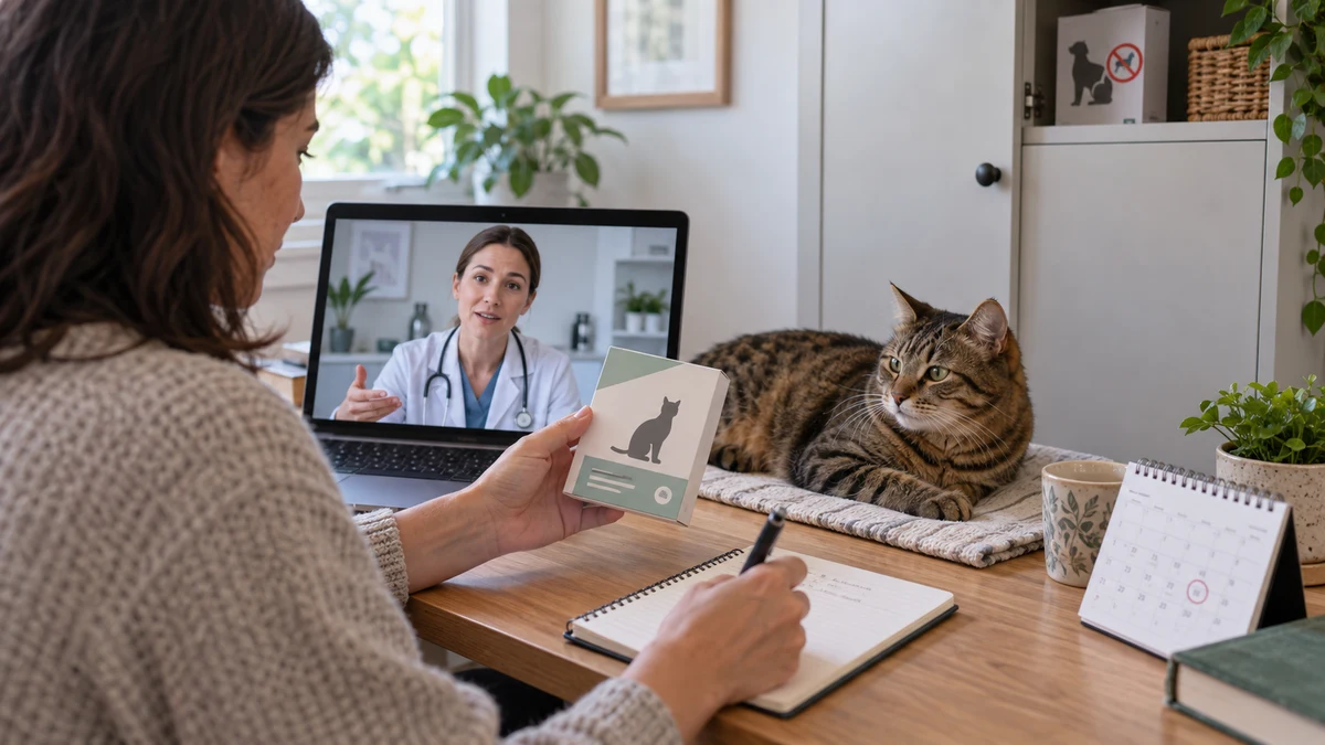 A caregiver reviews a cat-specific package with a veterinarian by video and records the date while dog supplies remain secured