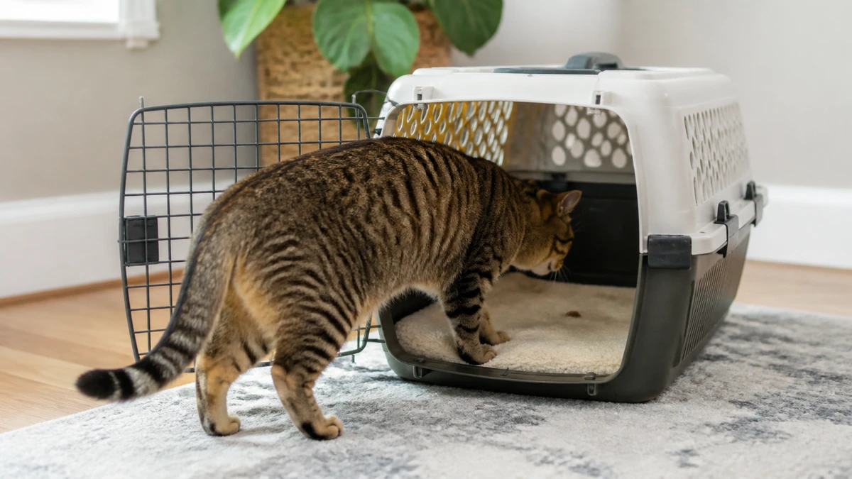 Brown tabby voluntarily exploring a carrier with its head and front paws inside while the hind paws remain outside and the exit stays open