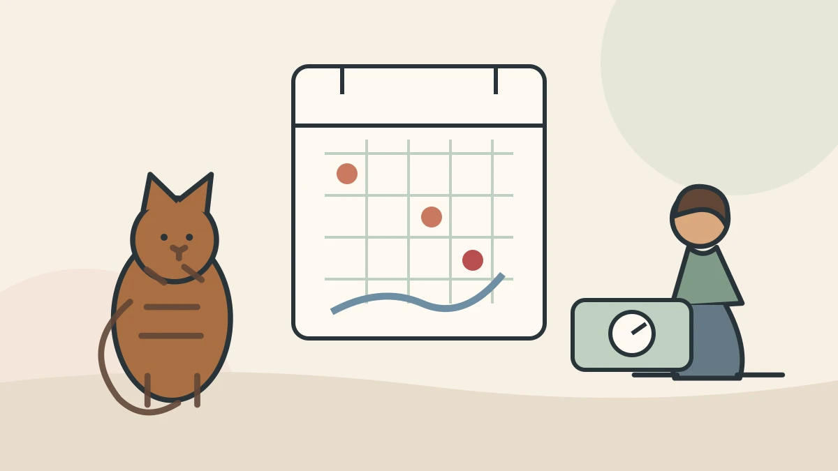 Caregiver reviewing a calendar of repeated cat episodes while comparing the cat's body weight and grooming pattern
