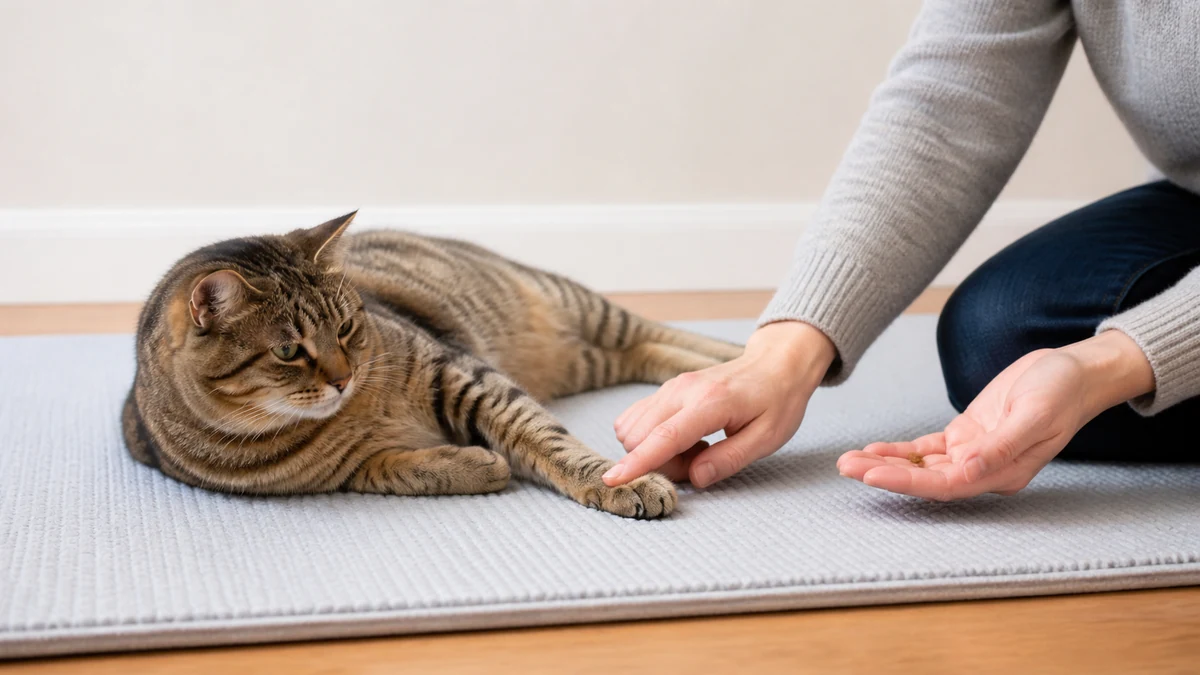 Caregiver briefly touching a relaxed tabby's front paw while offering a reward during cooperative nail-trim practice