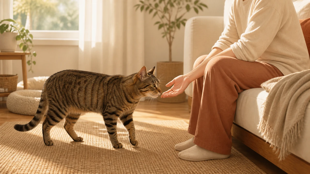 Relaxed tabby cat choosing to approach an open hand while sitting on a sofa