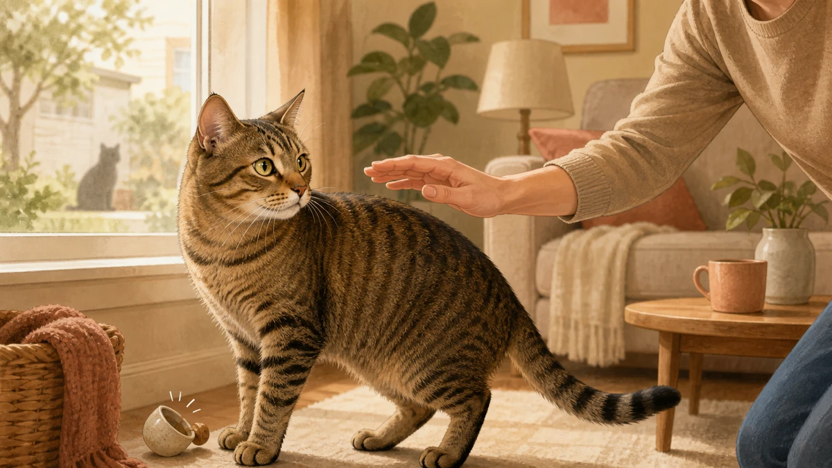 Alert cat distracted by a noise and an outdoor cat while a caregiver notices the changed context before petting