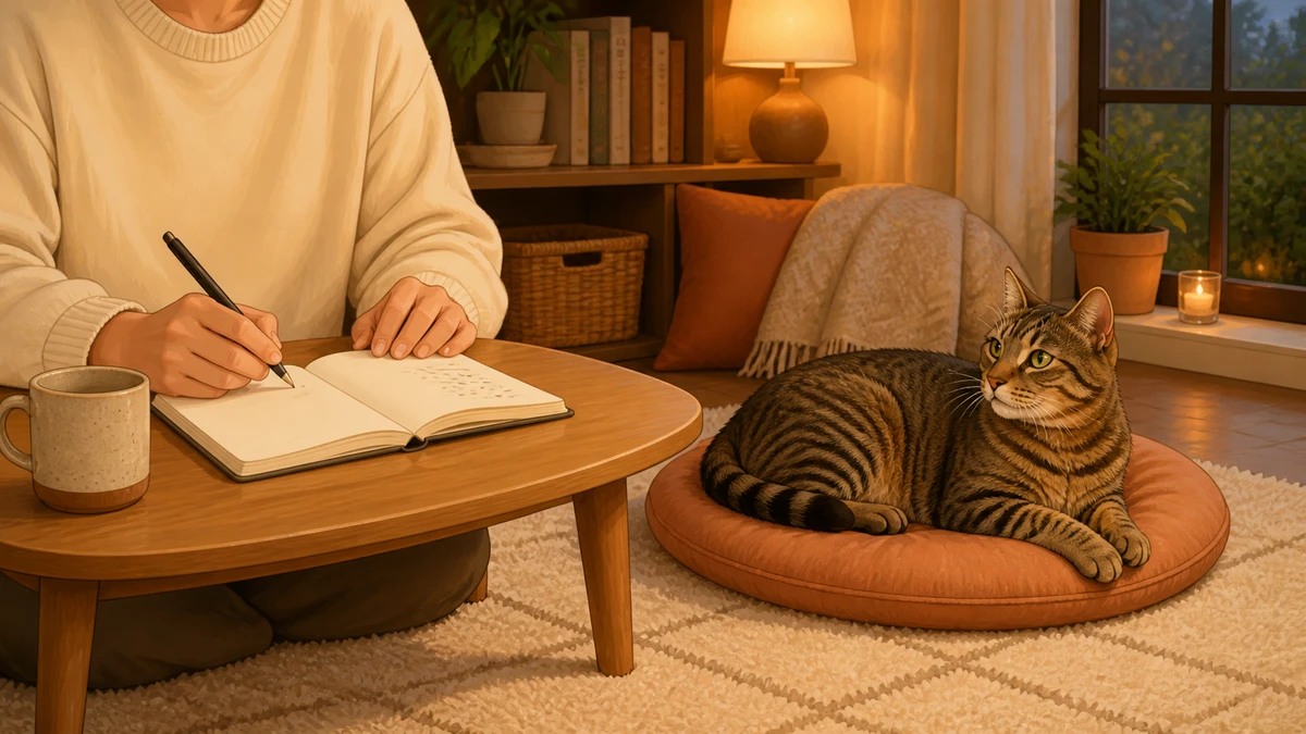 Caregiver writing brief observations in a notebook while a relaxed cat rests nearby without being handled