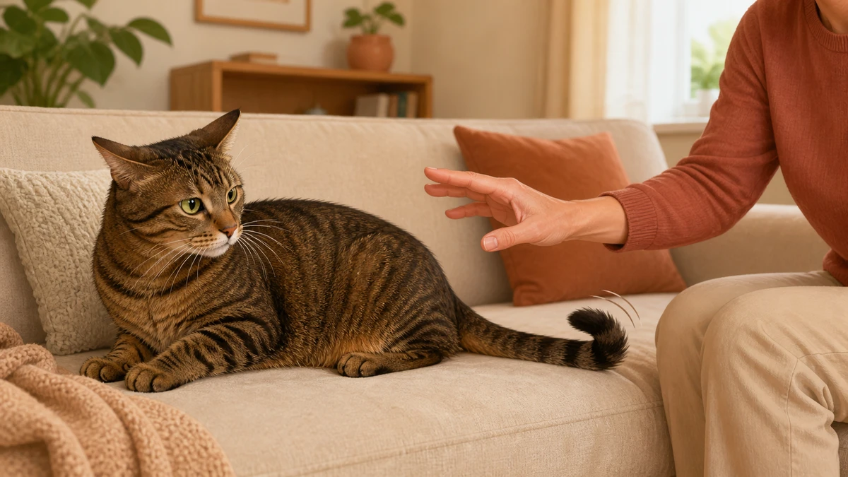 Tabby cat showing several subtle stop signals during petting as a caregiver withdraws their hand