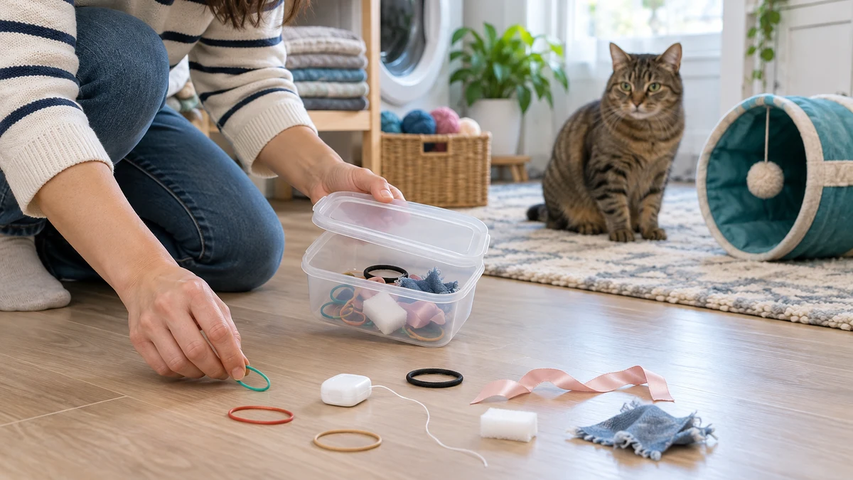 Caregiver collects hair ties, floss, ribbon, foam, and torn fabric during a floor-level safety sweep while a brown tabby stays beside a large safe toy