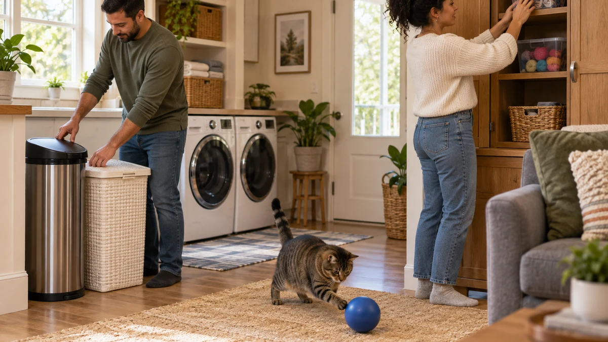 Two caregivers close a lidded hamper and trash bin and store craft supplies high in a latched cabinet while a brown tabby plays with a large solid ball