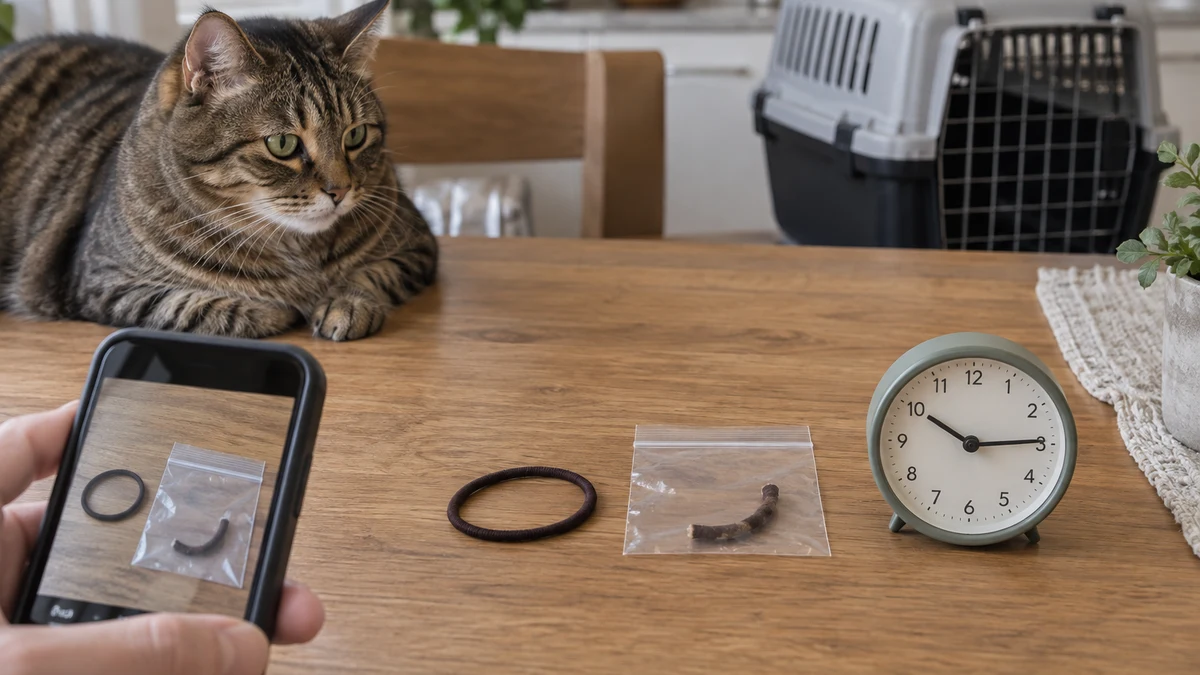 Caregiver photographs a damaged item and sealed fragment beside an intact comparison item and clock while a brown tabby remains away from the evidence