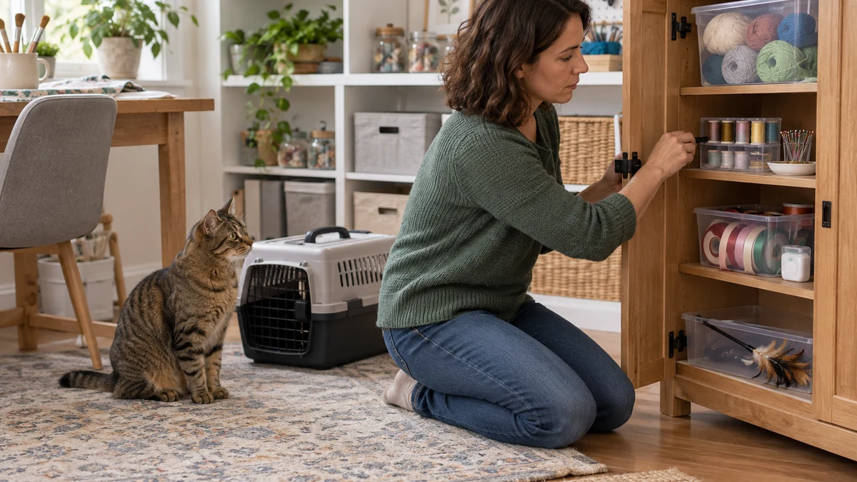 Caregiver secures yarn, ribbon, thread, needles, and corded toys inside a latched craft cabinet while a brown tabby waits beside a carrier