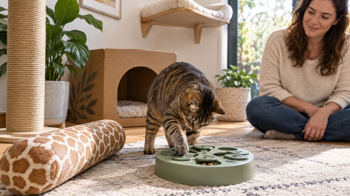 Brown tabby works at a sturdy food puzzle beside a scratching post, large one-piece kicker, cardboard hideaway, and elevated bed while a caregiver supervises