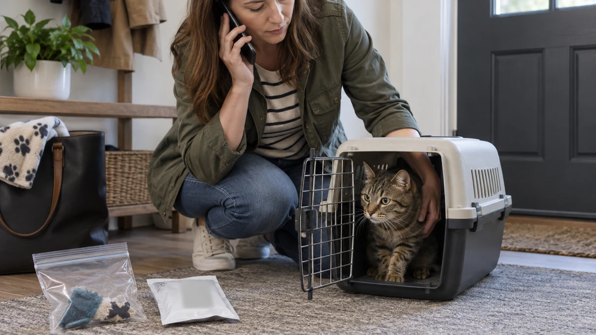 Caregiver calls a veterinary clinic while a brown tabby enters a hard-sided carrier and a sealed chewed-fabric sample remains out of reach