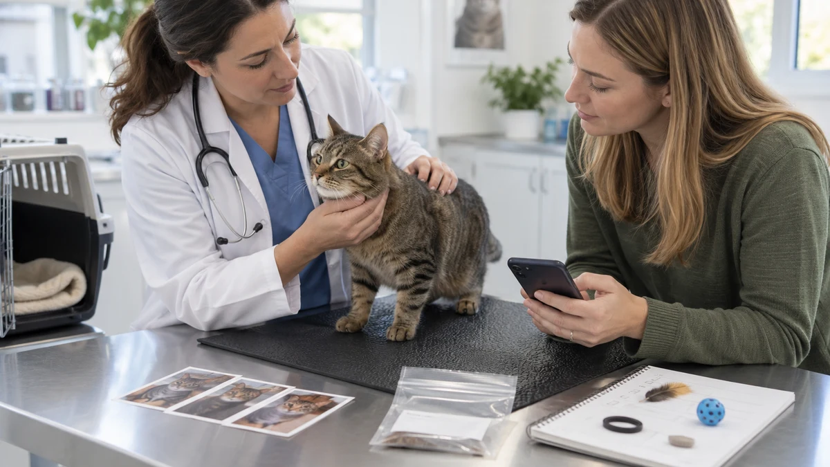 Veterinarian and caregiver review phone photos and a sealed sample while a brown tabby receives a calm examination on a nonslip mat