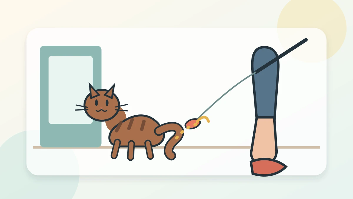 Playful tabby cat redirecting from a walking ankle toward a feather wand toy in a clear hallway