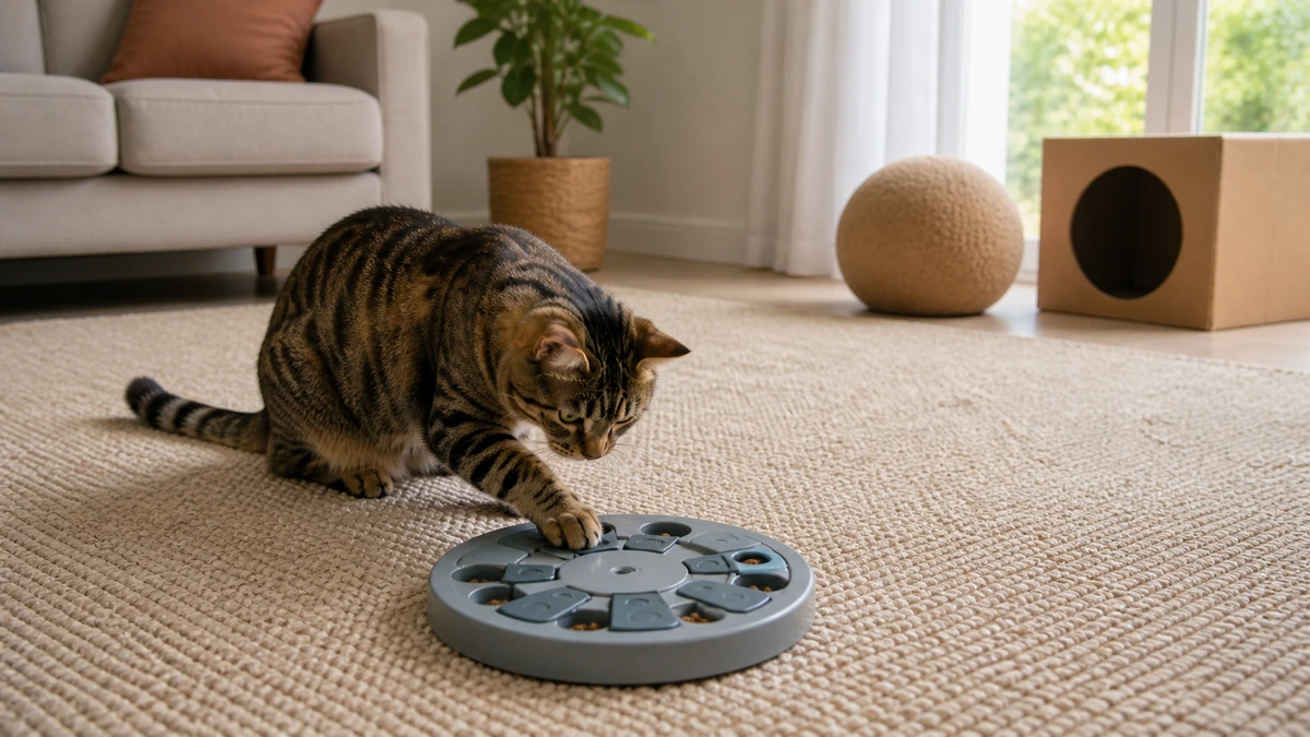 Brown tabby using one paw to open a beginner food puzzle holding a small amount of regular kibble