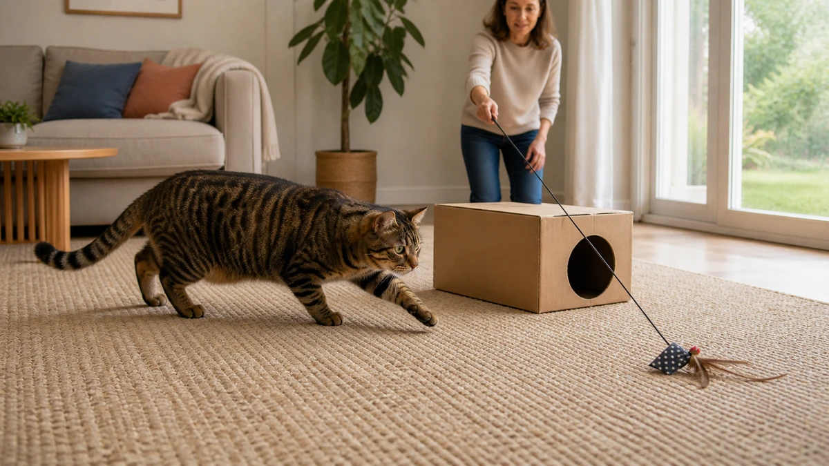 Brown tabby following a floor-level wand lure as it moves away around a stable cardboard box